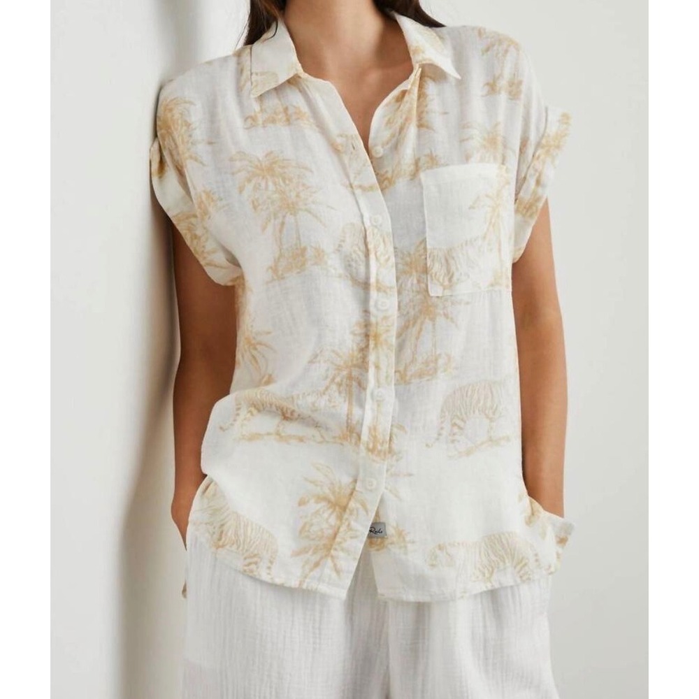 Rails Shirt‎ Top Whitney Wild Bengals Button-Front Linen Blend Cream Tan  Large